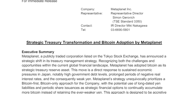 Investment Firm Makes BTC Its Strategic Reserve